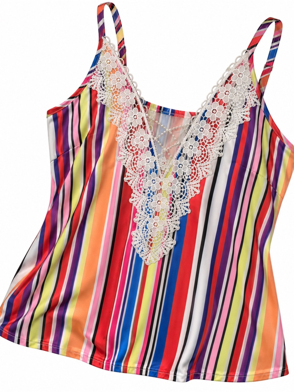 SHEIN Rainbow Striped Lace-Trim Tank Top